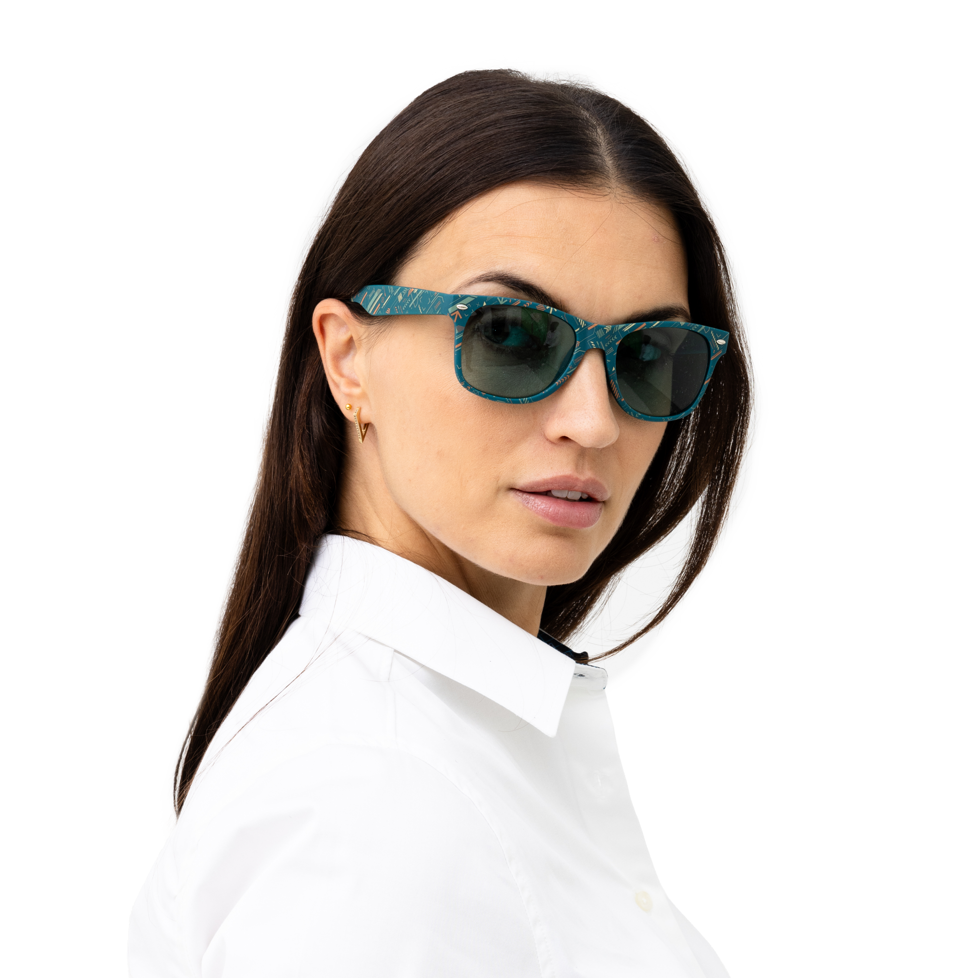 teal atlas copco group sunglasses with pattern and white logo