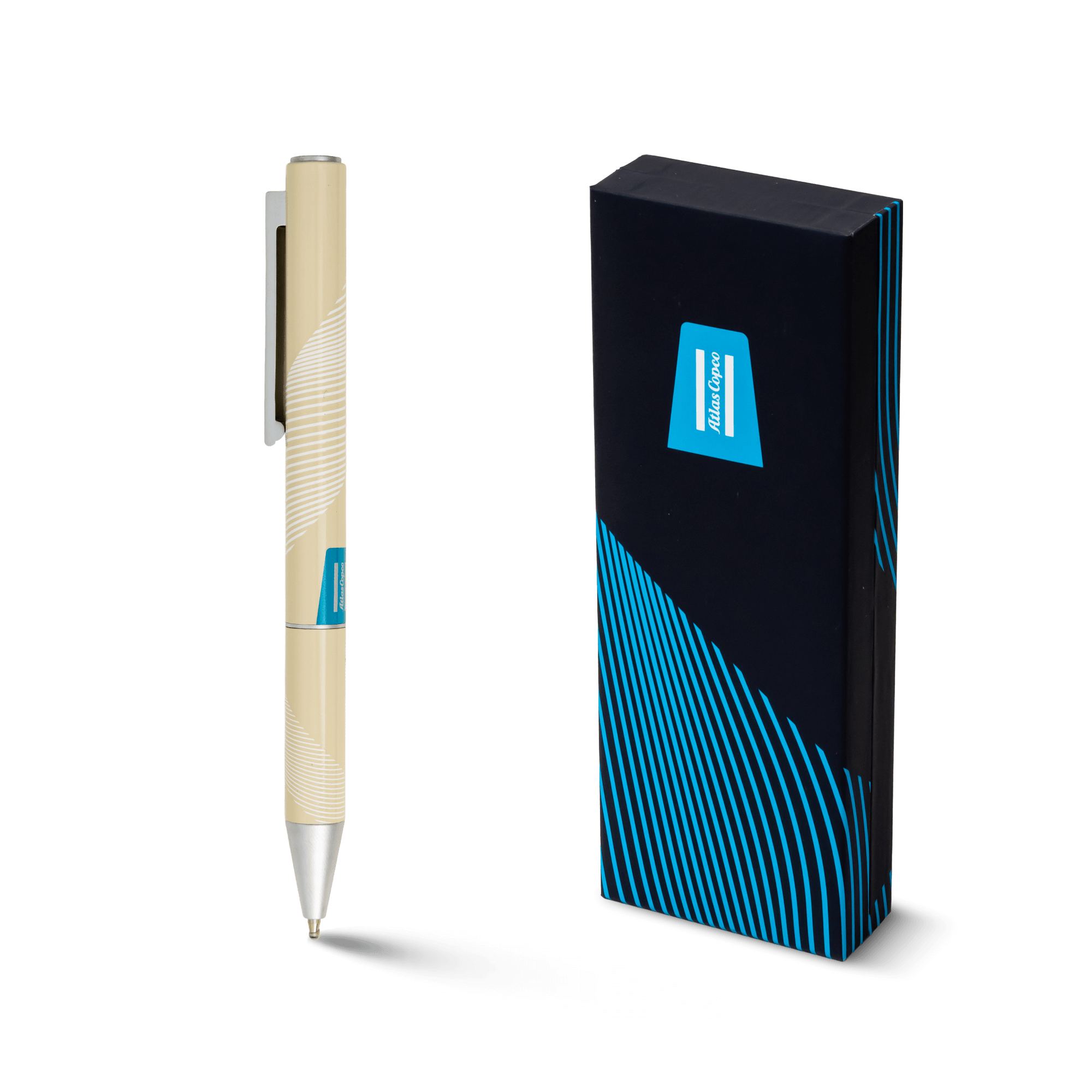 blue atlas copco pen with blue print pattern