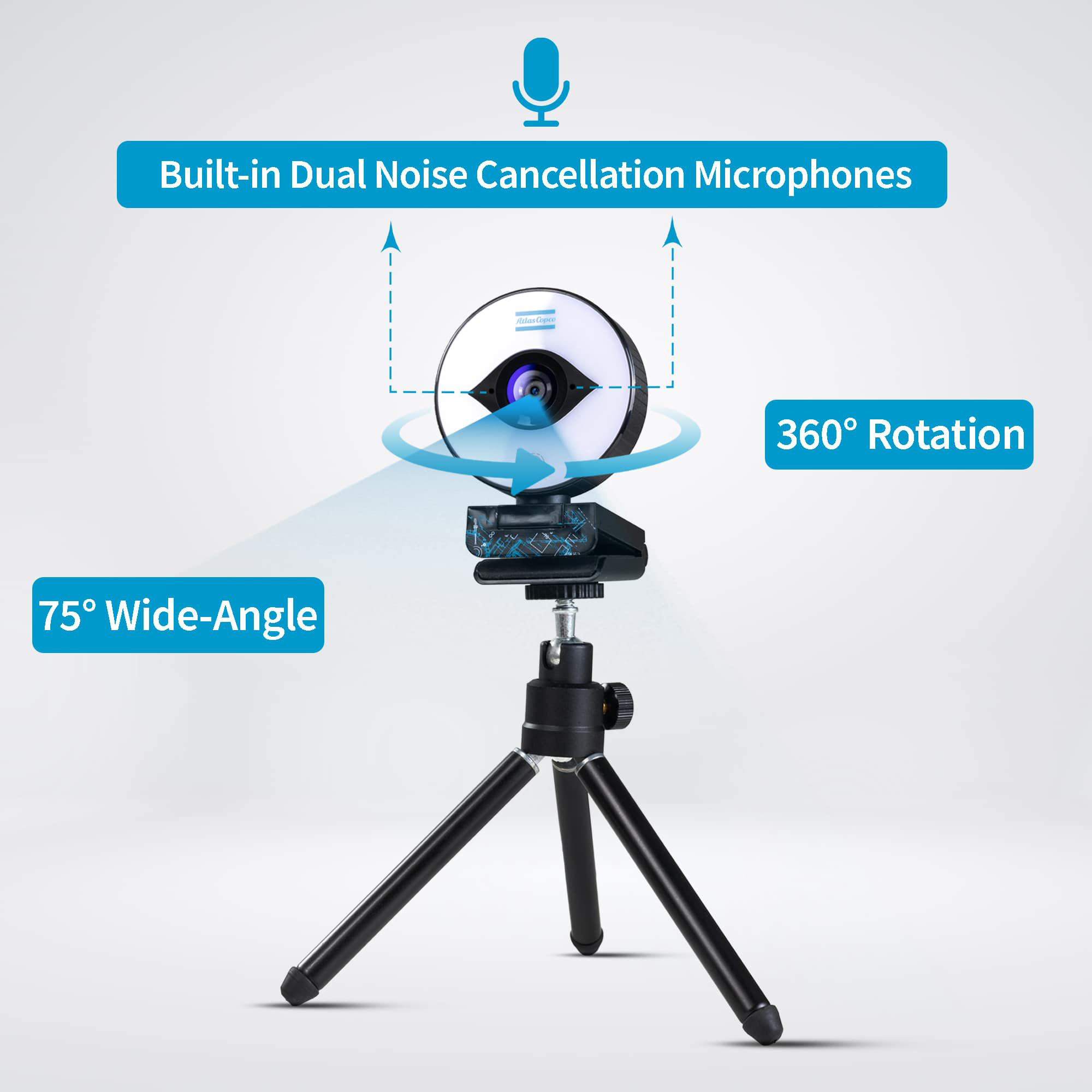 webcam with blue atlas copco logo and instructions