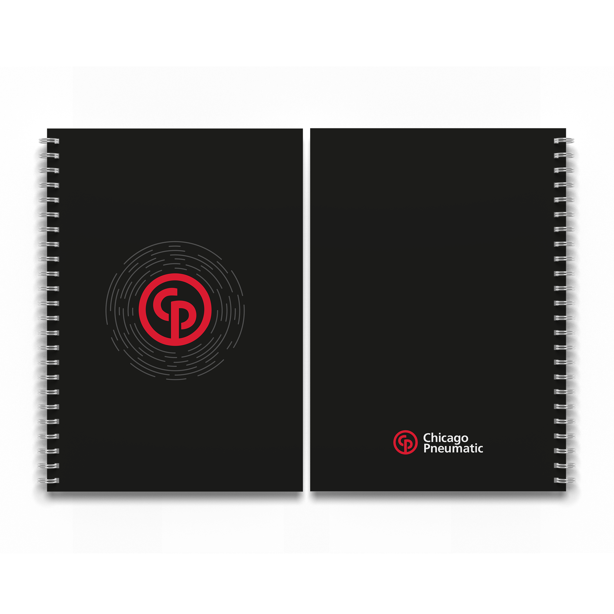 black notebook with chicago pneumatic logo in red front and back