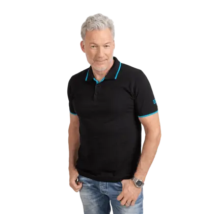 Man wearing black polo shirt with blue details