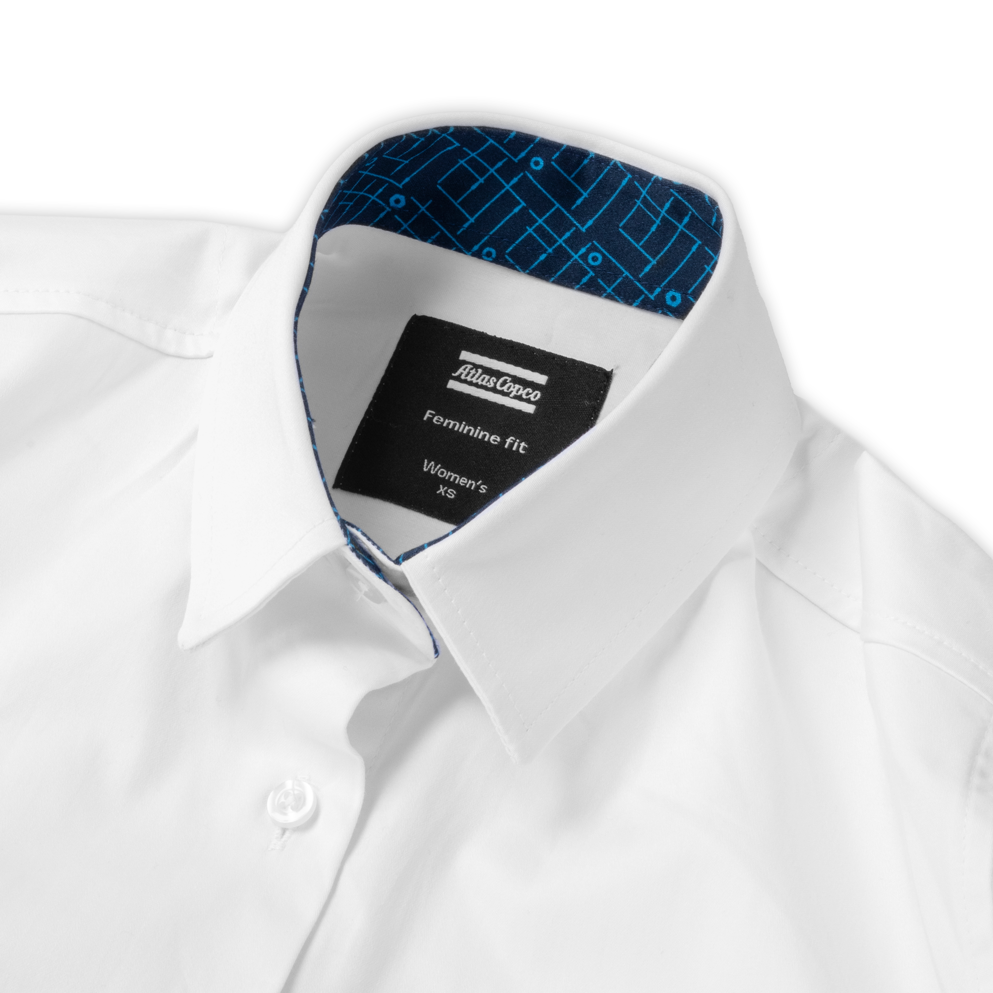white business shirt with logo on sleeves inner label