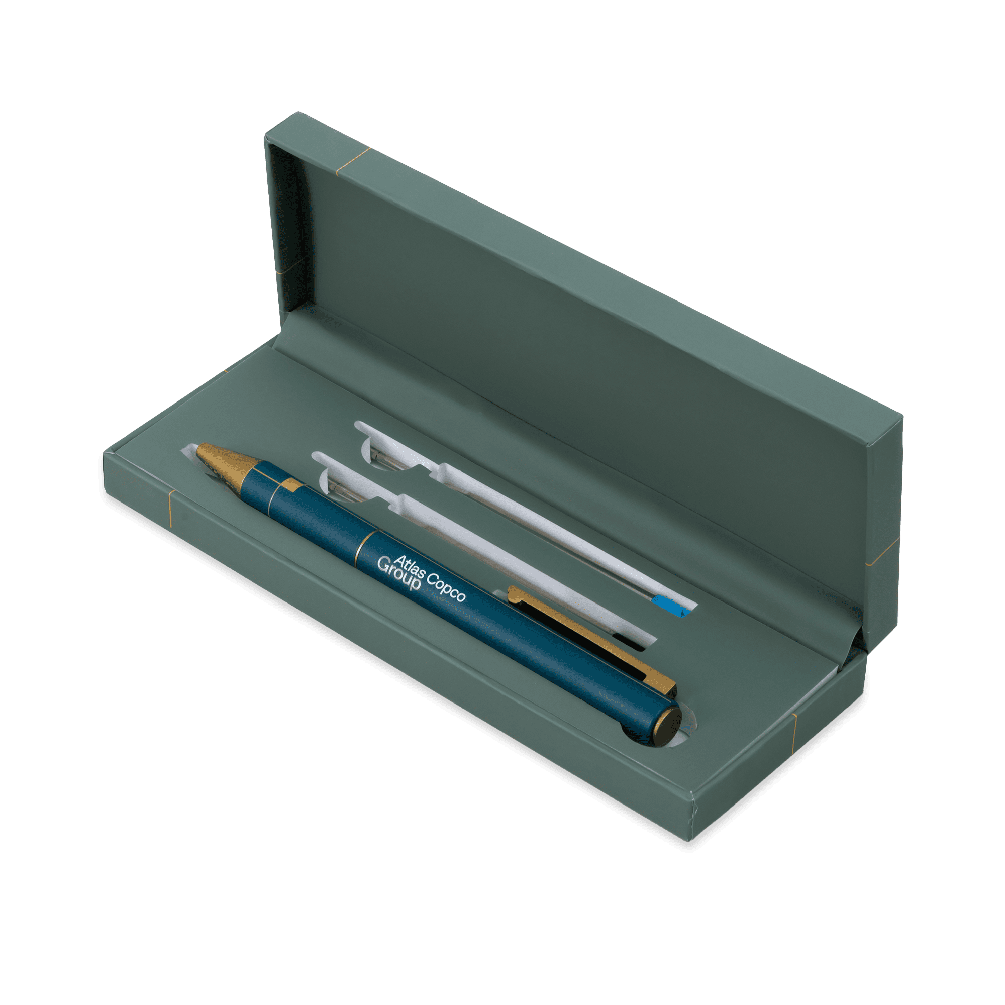 atlas copco group pen in teal and gold