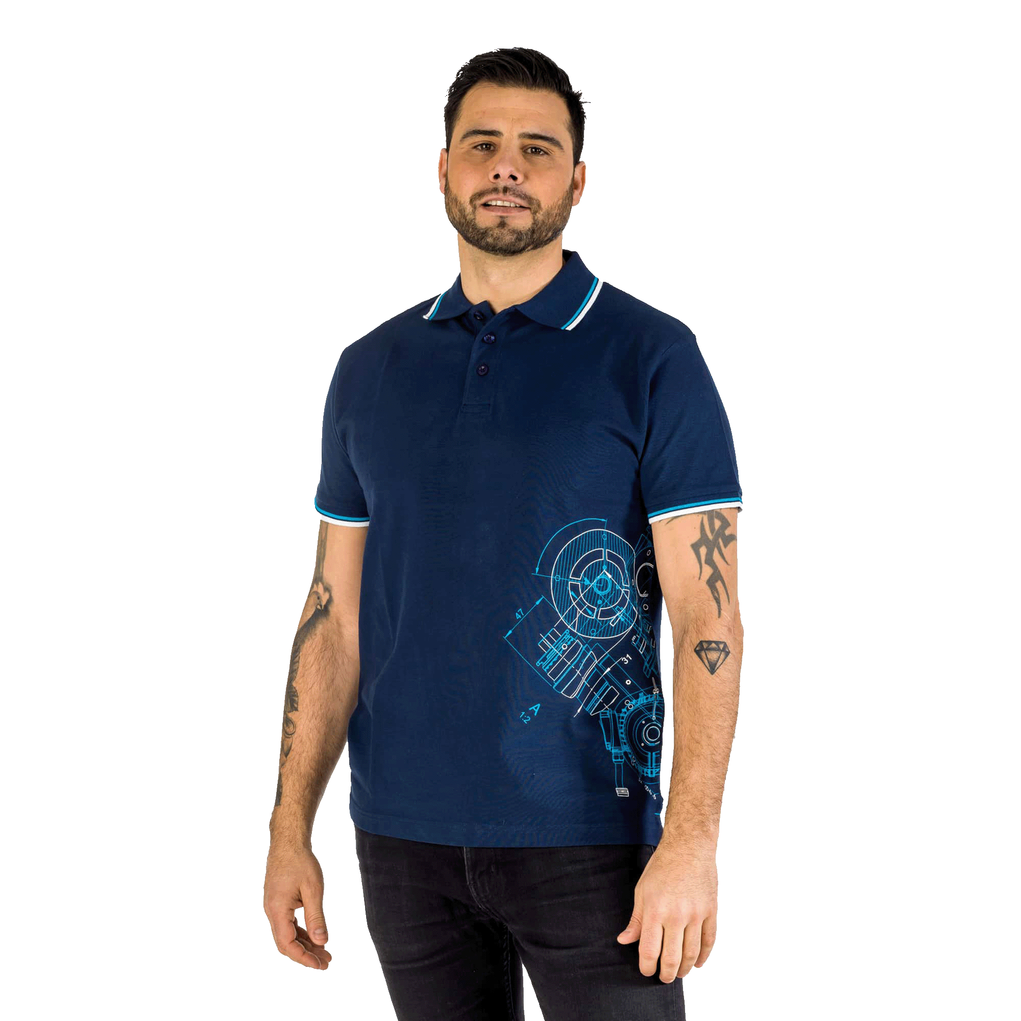 blue polo with blueprint pattern