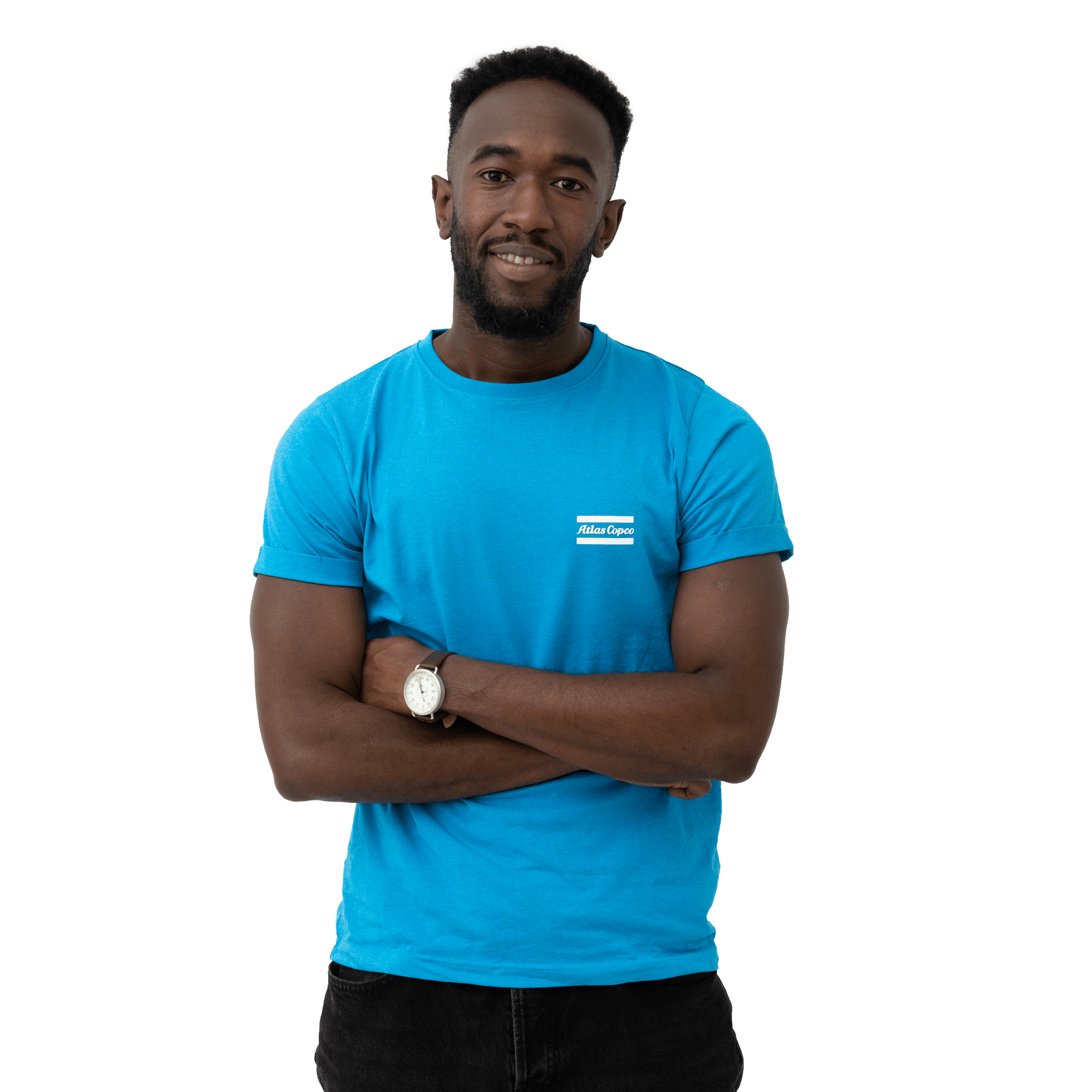 blue tshirt with white atlas copco logo