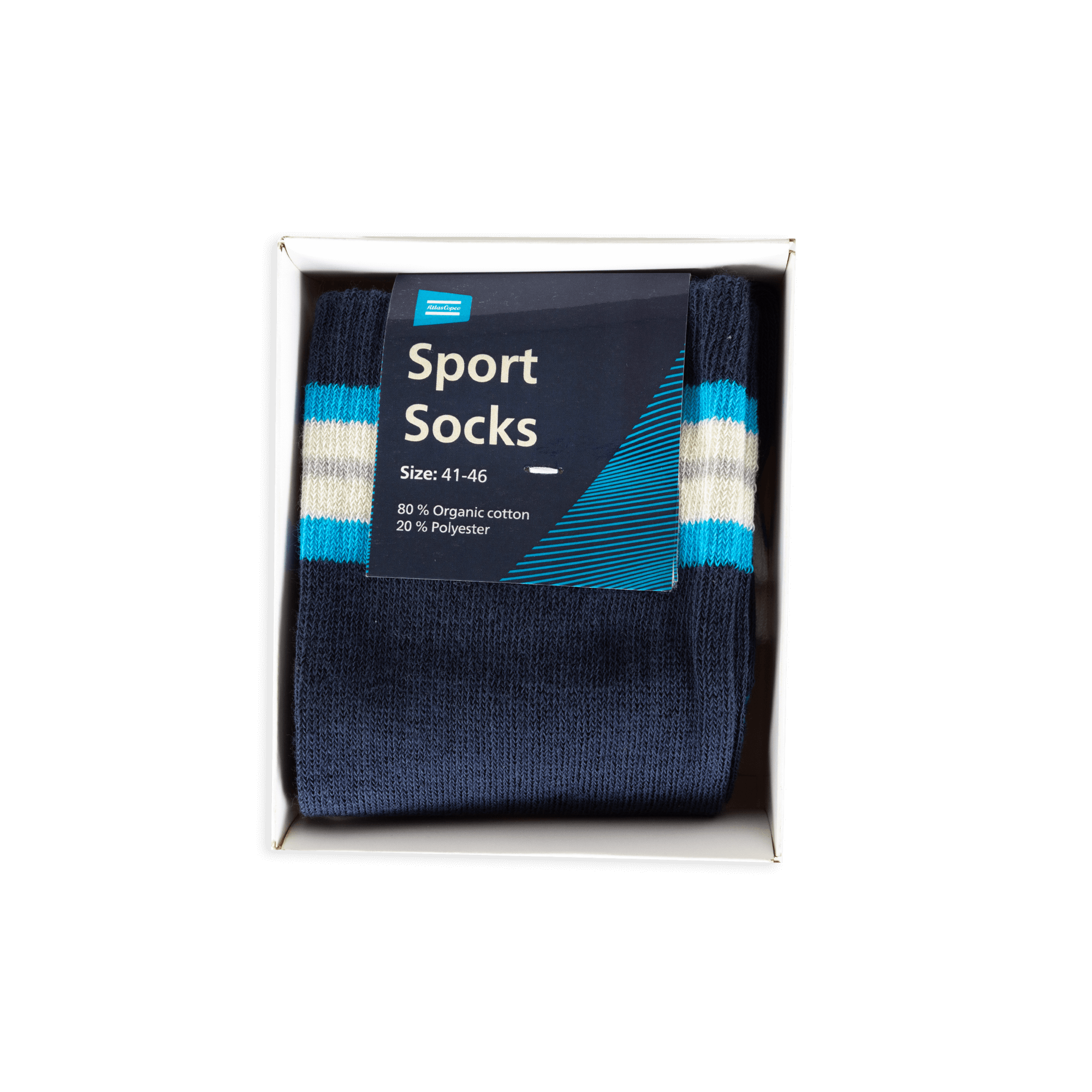 Navy blue socks in a box, atlas copco branded